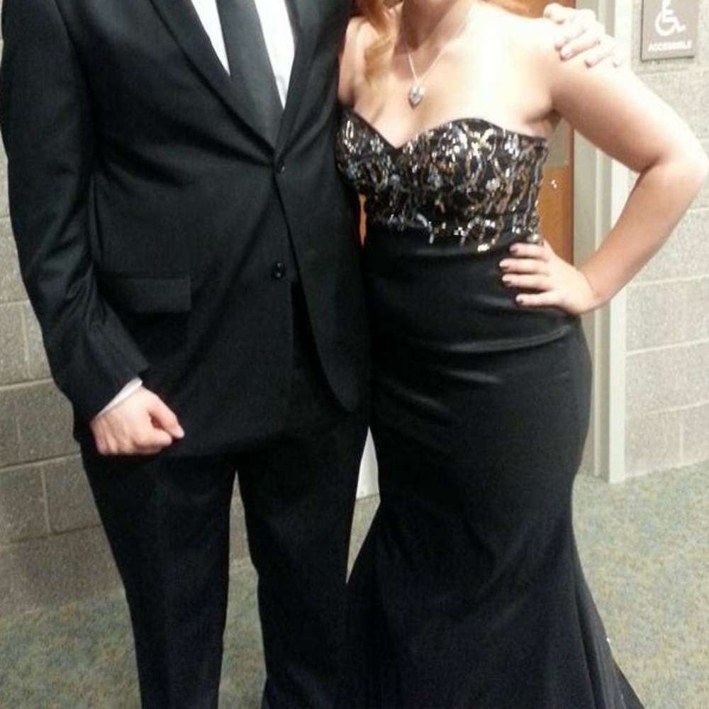 Black Prom Dress with gold and silver accents.